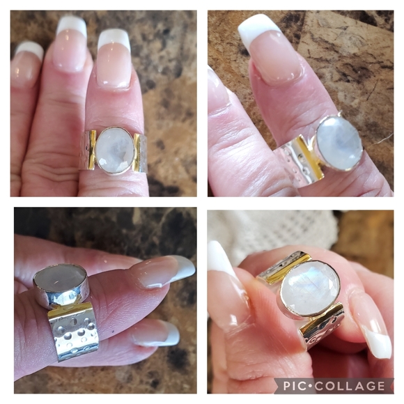 Genuine 7ct Faceted Rainbow Moonstone Ring Size 8 - Picture 4 of 8